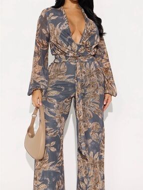 Fashion Nova Taupe Floral Wrap Jumpsuit